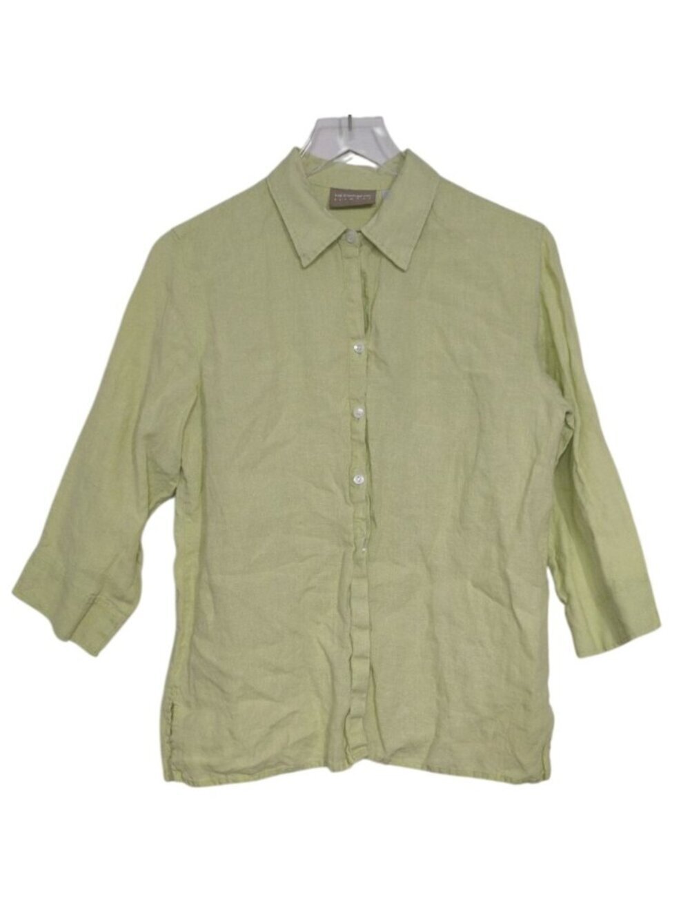 Liz Wear Linen Shirt Womens Size Medium Yellow 3/4 Sleeve Lightweight Button Fro